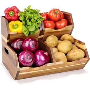 Wood Pantry Storage Bins, Stackable Potato and Onion Storage Bins for Kitchen Countertop, Set of 3 Wooden Pantry Organizer Baskets for Fruit, Vegetable, Snack