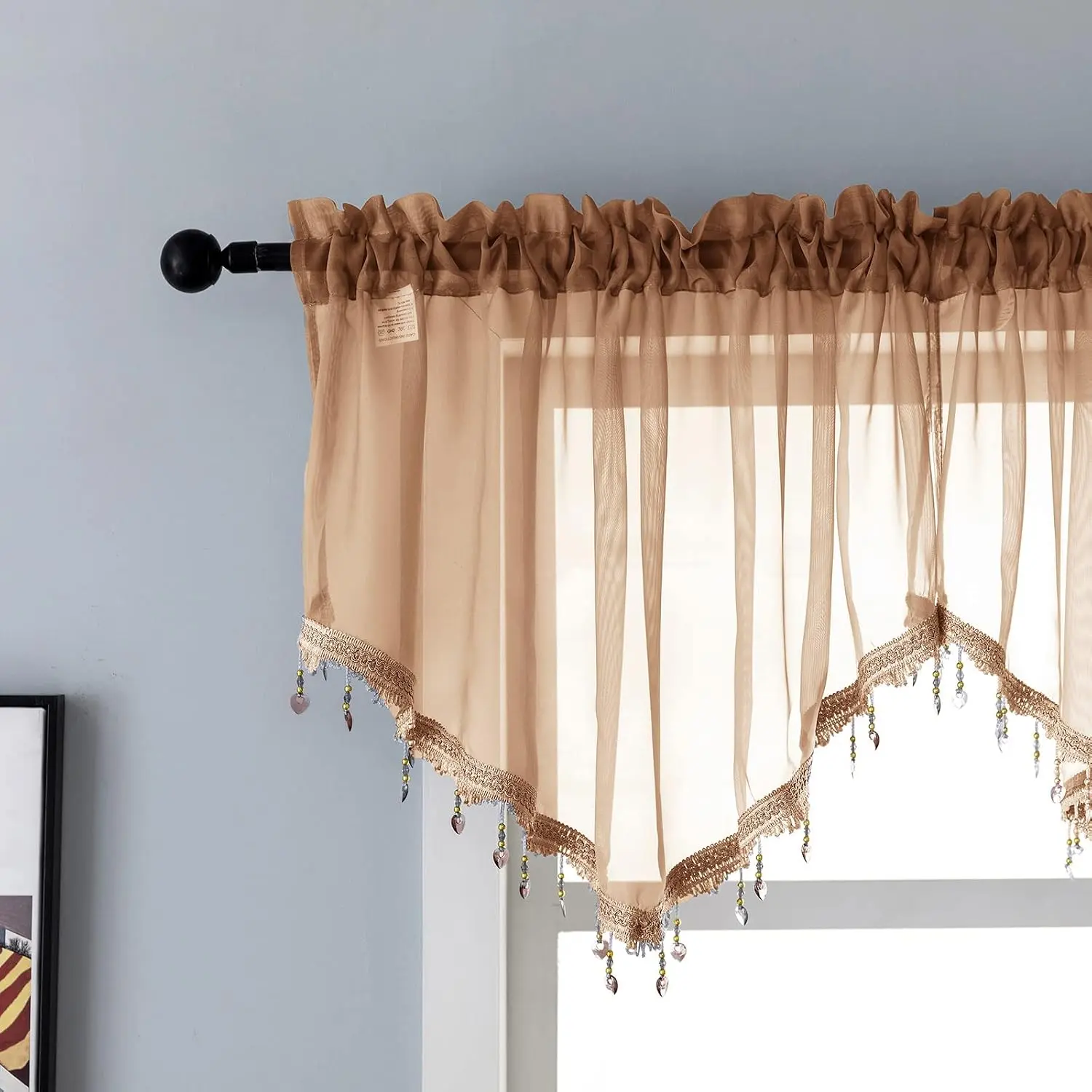 Beaded Sheer Valance Curtains for Living Room,Rod Pocket  Window Valance, Bead Trim Tassel Voile Sheer Curtain Valance for Bedroom Bathroom Cafe 51x24 Inches (Brown) 1 count