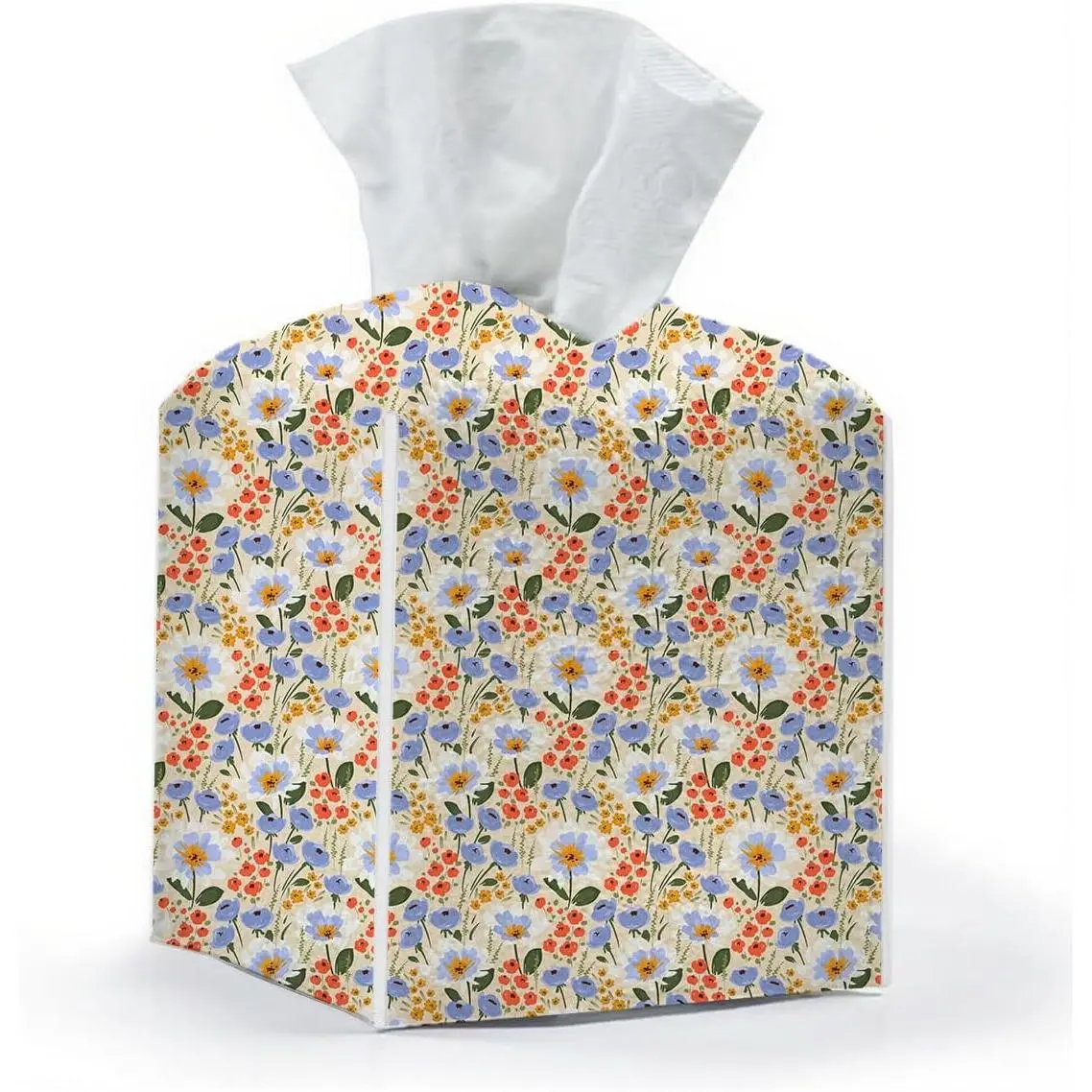 Tissue Box Cover, Tissue Box Holder, Square with Belt Bottom, PU Leather Decorative Organizer for Desk, Tabletop, Countertop Bathroom, Toilet , Office, Dresser Bedside, Aesthetic Flower Decor