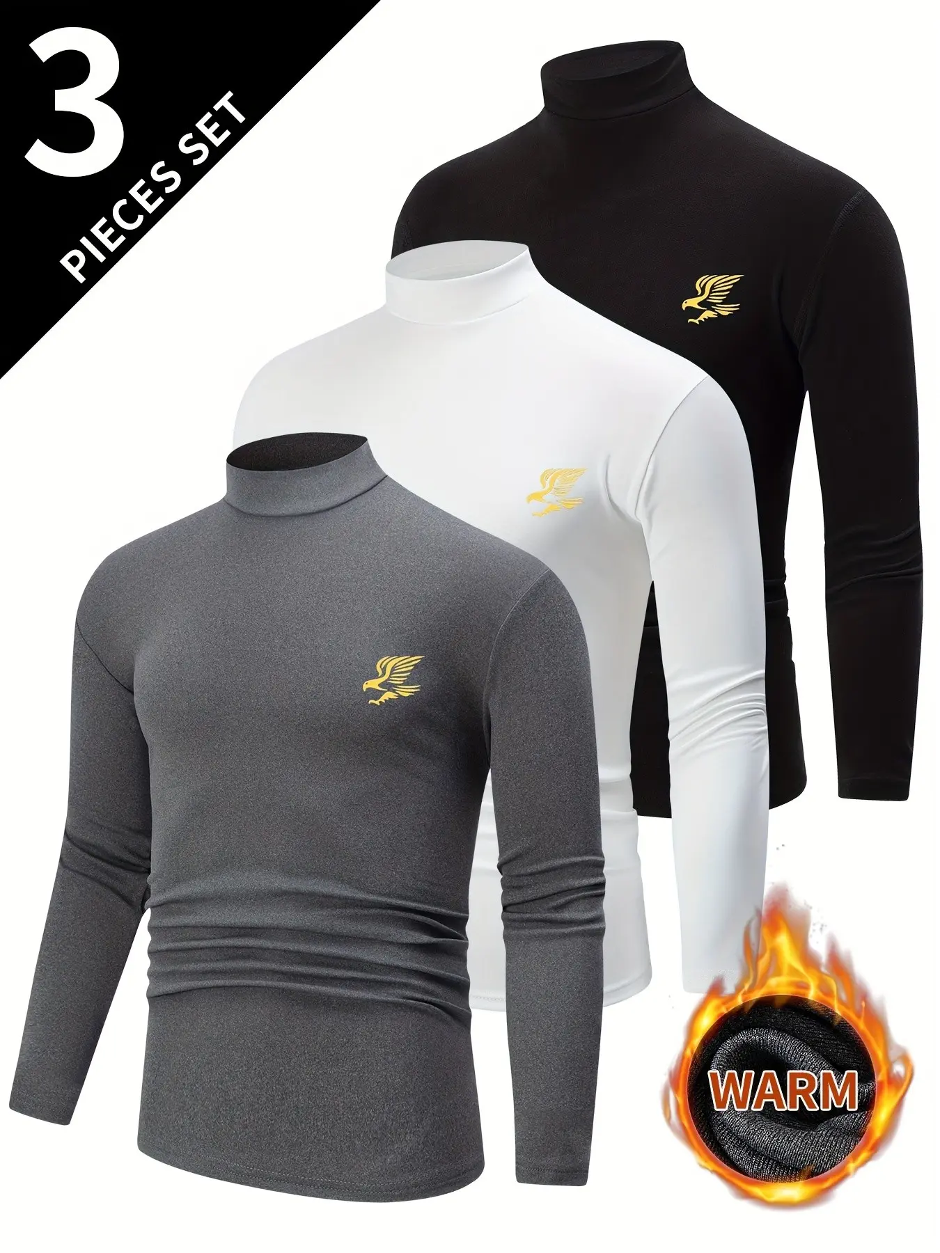 Men's 3-Pack High Neck Long Sleeve T-Shirts, Thick Warm Casual Innerwear, Fall & Winter Pullover, Solid Color, Slim Fit