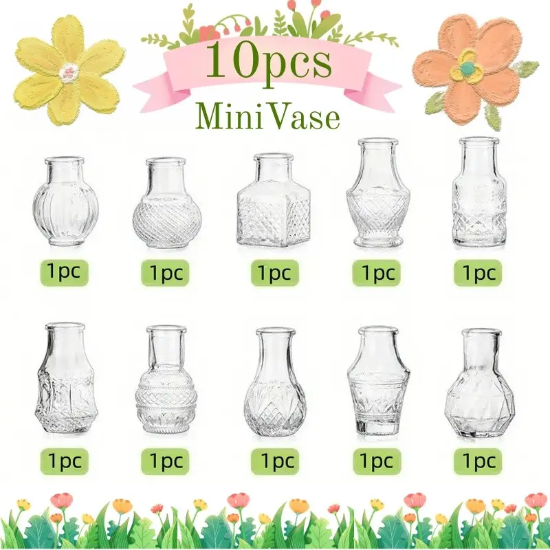 10Pcs Mini Clear Glass Decorative Vase Set for Flowers Decor Wedding Party Baby Shower Dining - Tiny Table Decorations Centerpiece