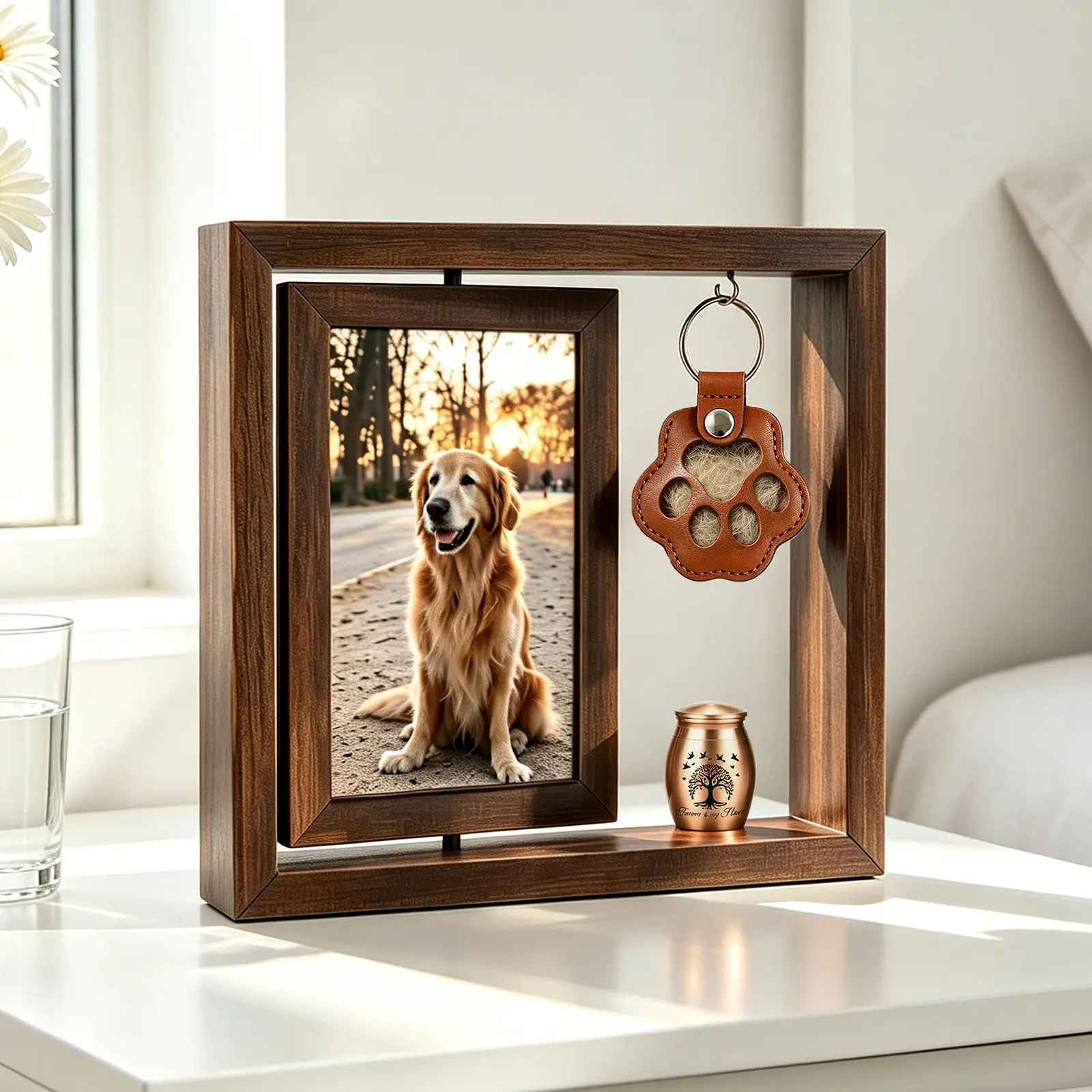 Pet Memorial Frame Set with Mini Ash Urn, Dog Hair Storage Keychain, Cat and Dog Remembrance Ornament, Pet Loss Comfort Gift