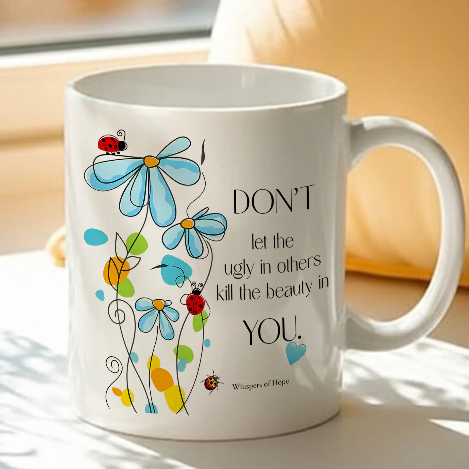 1pc Inspirational Ceramic Coffee Mug - Single Encouraging Words Drinkware with Motivational Flower Ladybug Pattern for Home, Office Daily Use - Ideal Gift for Friends on Birthday, Work Anniversary