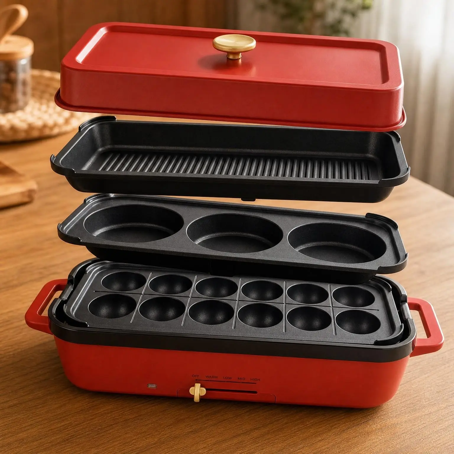 Multifunctional Electric Griddle & Grill Nonstick Baking Maker with 3 Interchangeable Pans for Takoyaki, Cake Pops, Mini Pancakes & Fried Steak