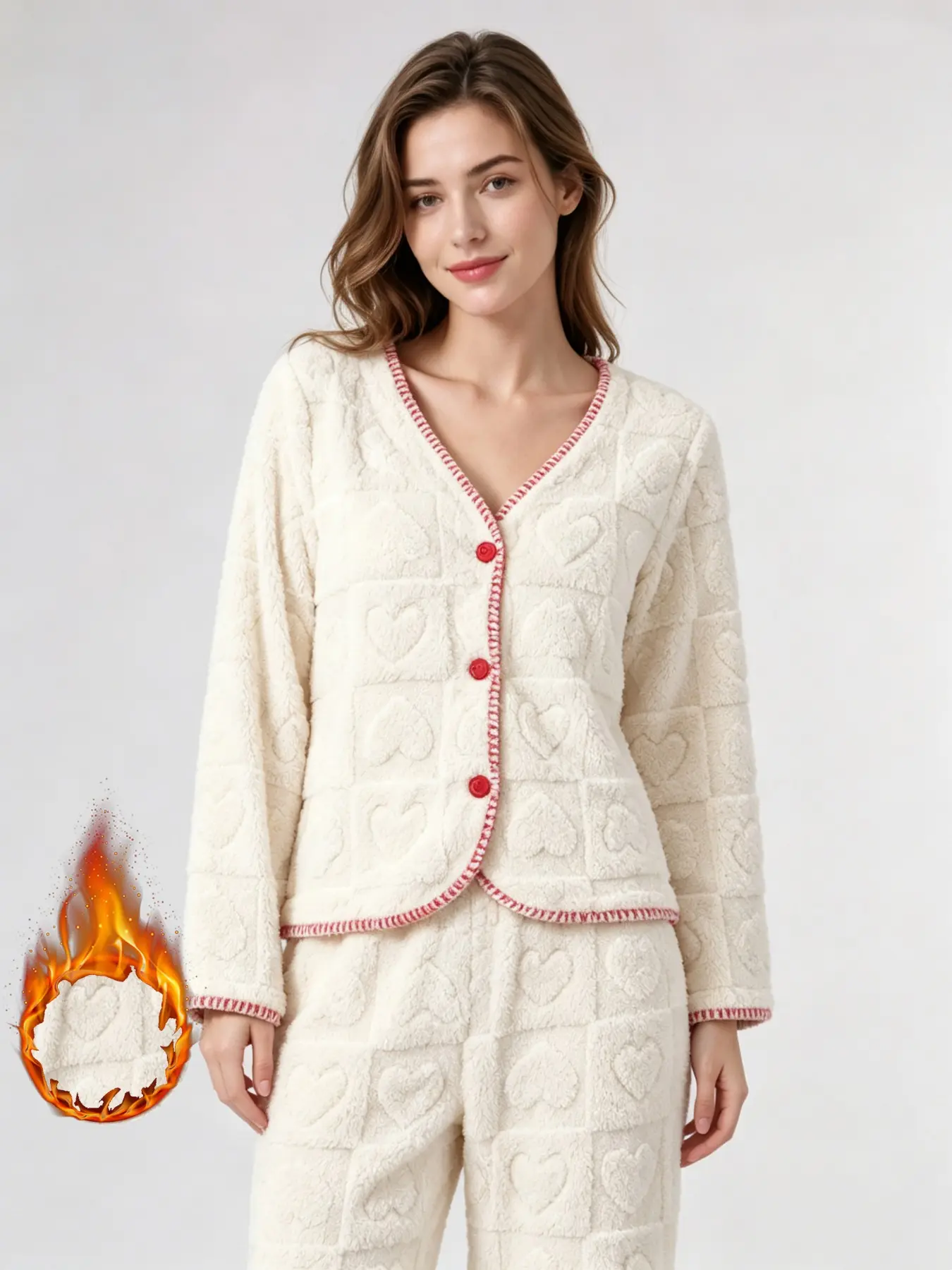 Women's Fall Winter Pajama Set, Elegant Loose-Fitting Plain Design, Thick Flannel Sleepwear, V-Neck Buttons, Long Sleeve Pants, Loungewear