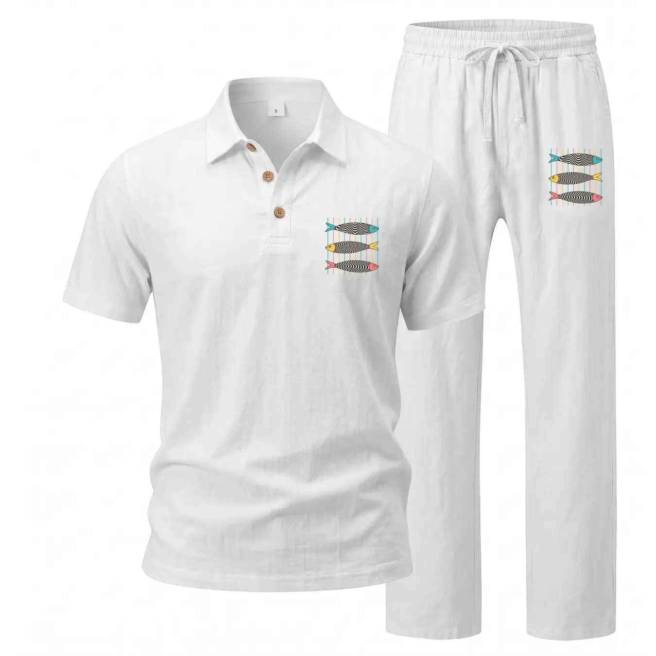 Men’s Linen Blend Two Piece Set, Short Sleeve Polo Shirt and Relaxed Pants with Fish Graphic Detail, Lightweight Summer Outfit for Beach Vacation, Travel, Resort and Casual Daily Wear