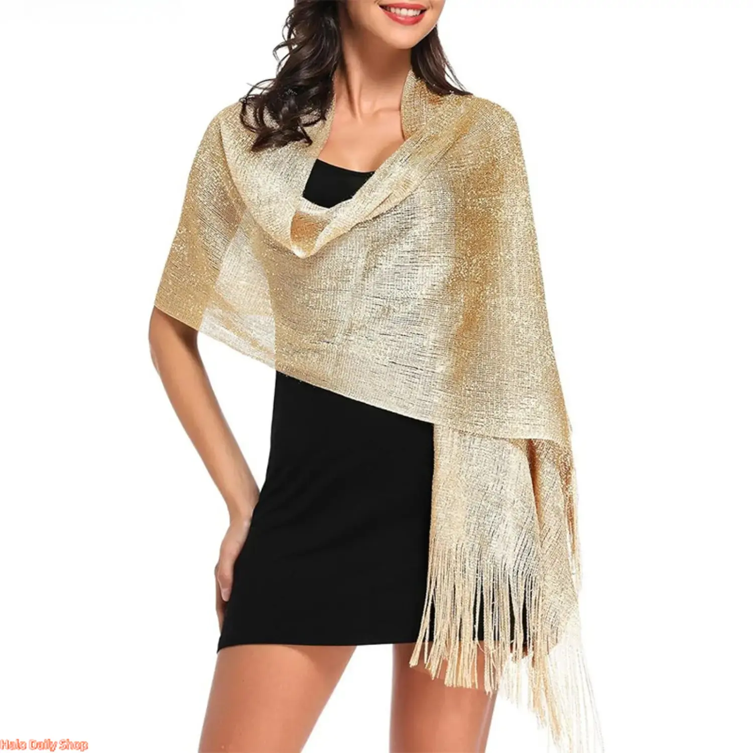 Plain Solid-Color Metallic Thread Knit Shawl - Off Shoulder, Loose Fit, Female Wear Bridal Wrap, Sun Protection Scarf for Evening Gowns (Shawl Shape Fashion Accessory)