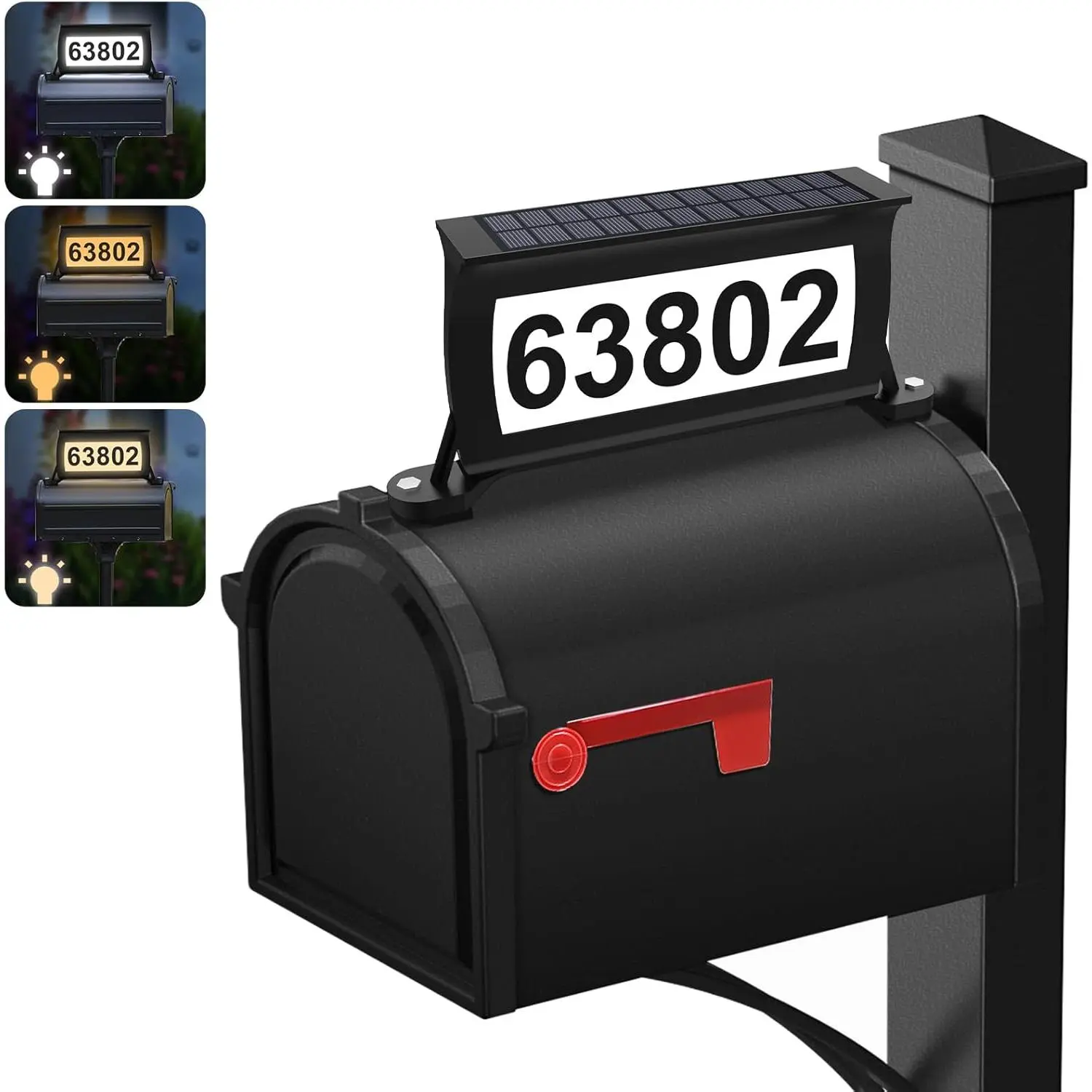 Solar Address Sign, 3 Colors-in-1  Mailbox Number Plaque for Outside, Double-Sided Light-Emitting Mailbox Topper, House Numbers for Outside (No-drilling Option )