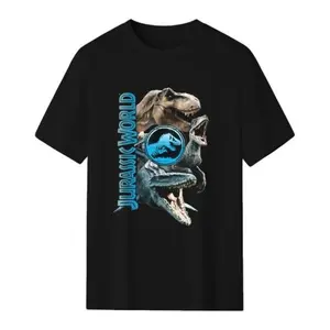 Jurassic World Vertical Blue Gradient Logo T-Rex Mosasaurus Velociraptor Three Giant Dinosaur Retro Distressed Movie Graphic T-Shirt Men Crew Neck Short Sleeve Black Tee Dino Fan Comic Convention Street Tops For Adult Men Teen Boys Guys Jurassic Dinosaur