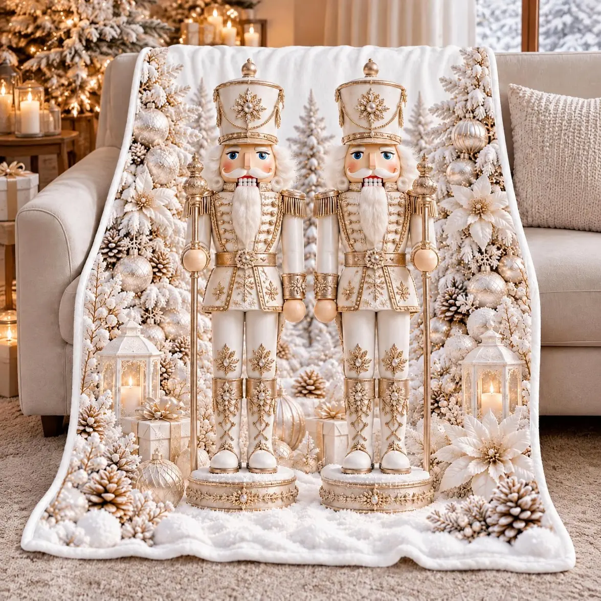Nutcracker Christmas Minky Fannel Blanket 60x80 White and Gold Soldiers Elegant Holiday Throw Cozy Winter Wonderland Home Decor Christmas Gift