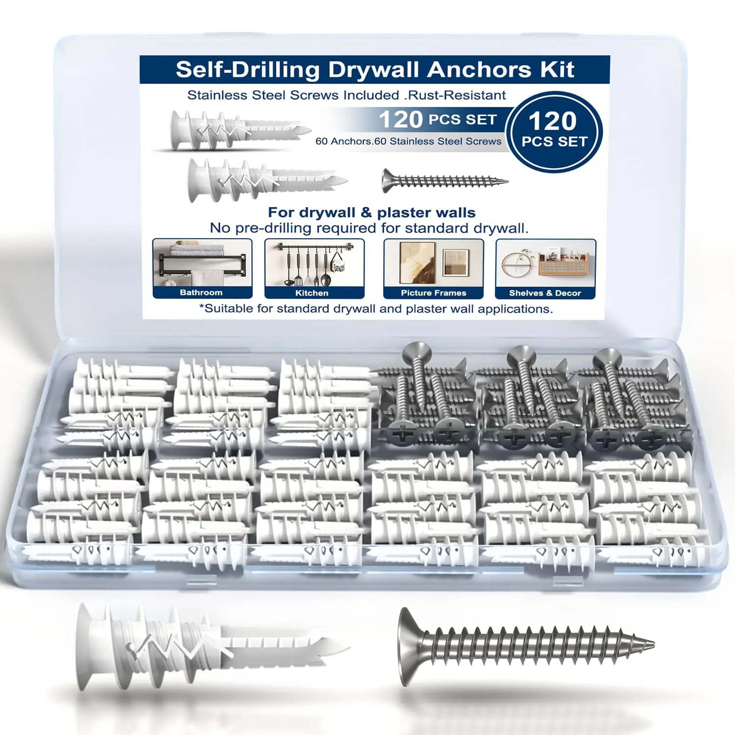 120 count Self-Drilling Drywall Anchors with Stainless Steel Screws #8 x 1-1/4”, Heavy Duty Wall Anchors Kit, Rust Resistant Screws, Hollow Wall Anchors for Drywall,  Improvement DIY, Organizer Box