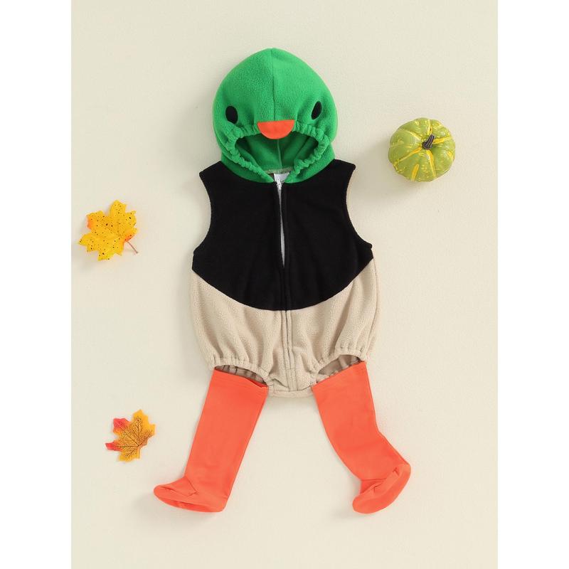 Baby Duck Costume, Sleeveless Hooded Zipper Closure Romper with Leg Warmers Halloween Cosplay Animal Romper Toddler Duck Costume