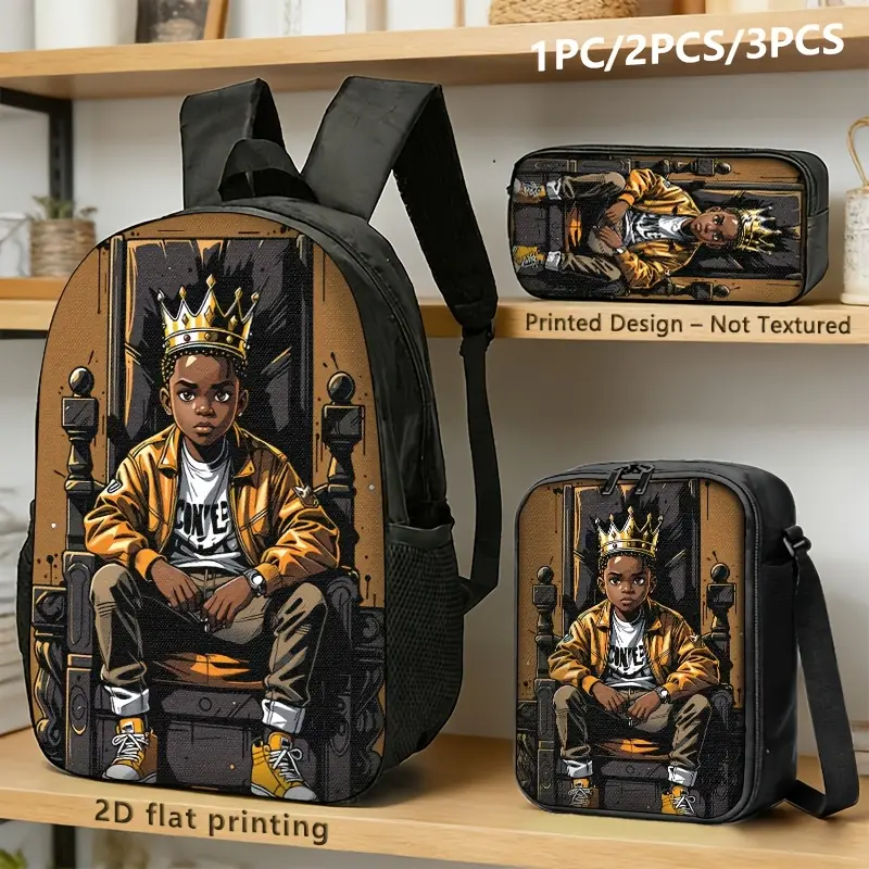 1pc/3pcs Backpack Storage Bag Shoulder Bag, Urban Hip-hop 'king on Throne' Print on Bags and Pouch; Bold Regal-street Style for Trendters and Commuters# backto school# Backpack set# school gifts# girls gifts#   boys gifts# birthday gifts, 17in Bookp