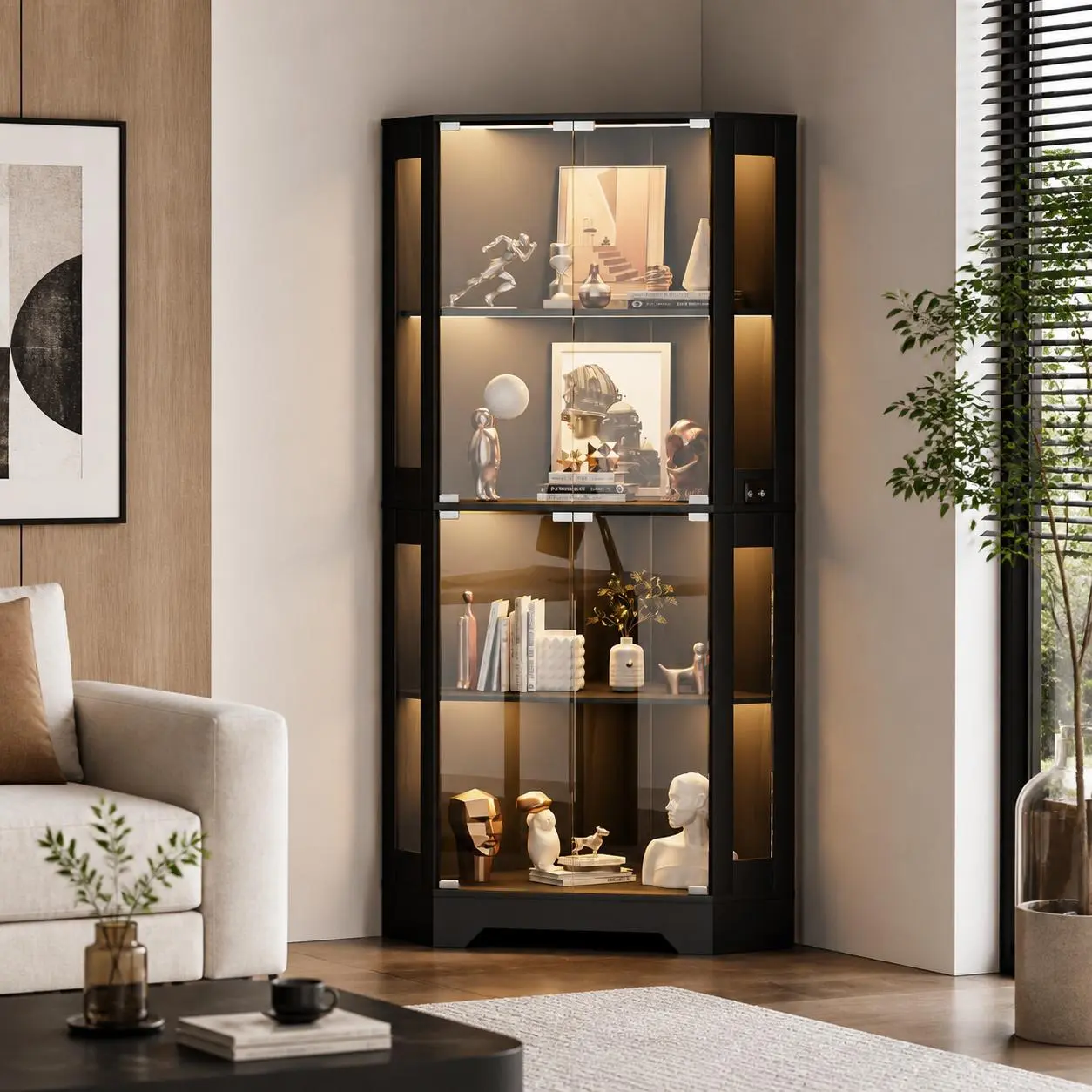 Modern Corner Glass Display Cabinet with LED Lighting – 65" Tall Curio for Dining Room, Books, Collectibles – Detector Shelves, Glass Doors – Elegant Storage Showcase