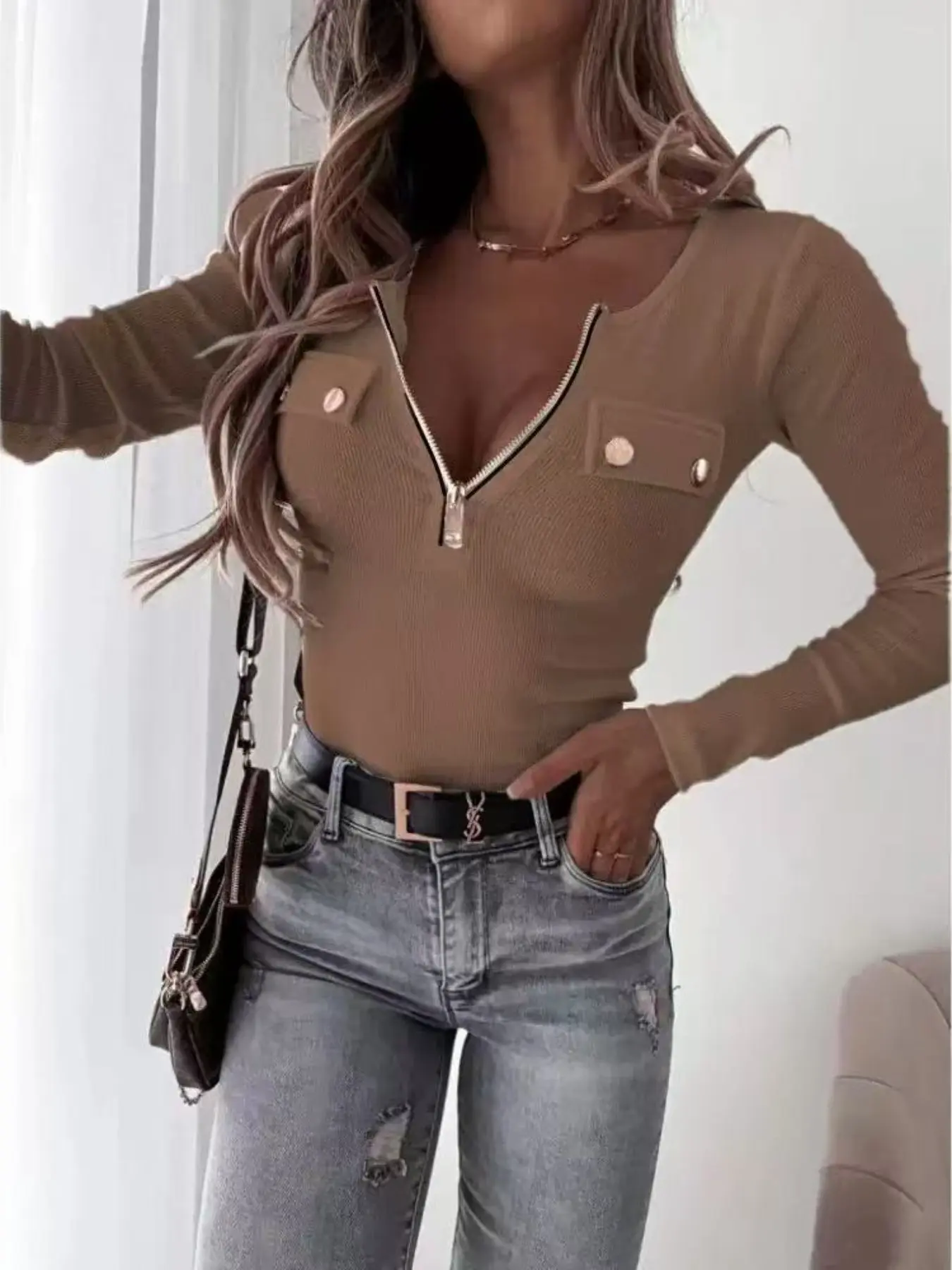 2026 Fall Street Fashion Knit Slim Fit Long Sleeve Pullover Zipper Top T-Shirt, Trendy Brand Apparel for Men and Women