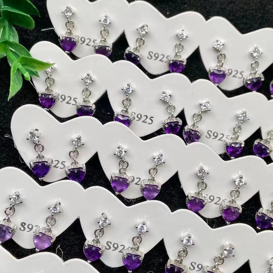 5pc Lucky Stone Earrings Women's Natural Cut Amethyst Heart-Shaped Earrings Sterling Silver Needle Delicate Mosaic Crystal Earrings Ornament Natural Crystal Personalized Birthstones