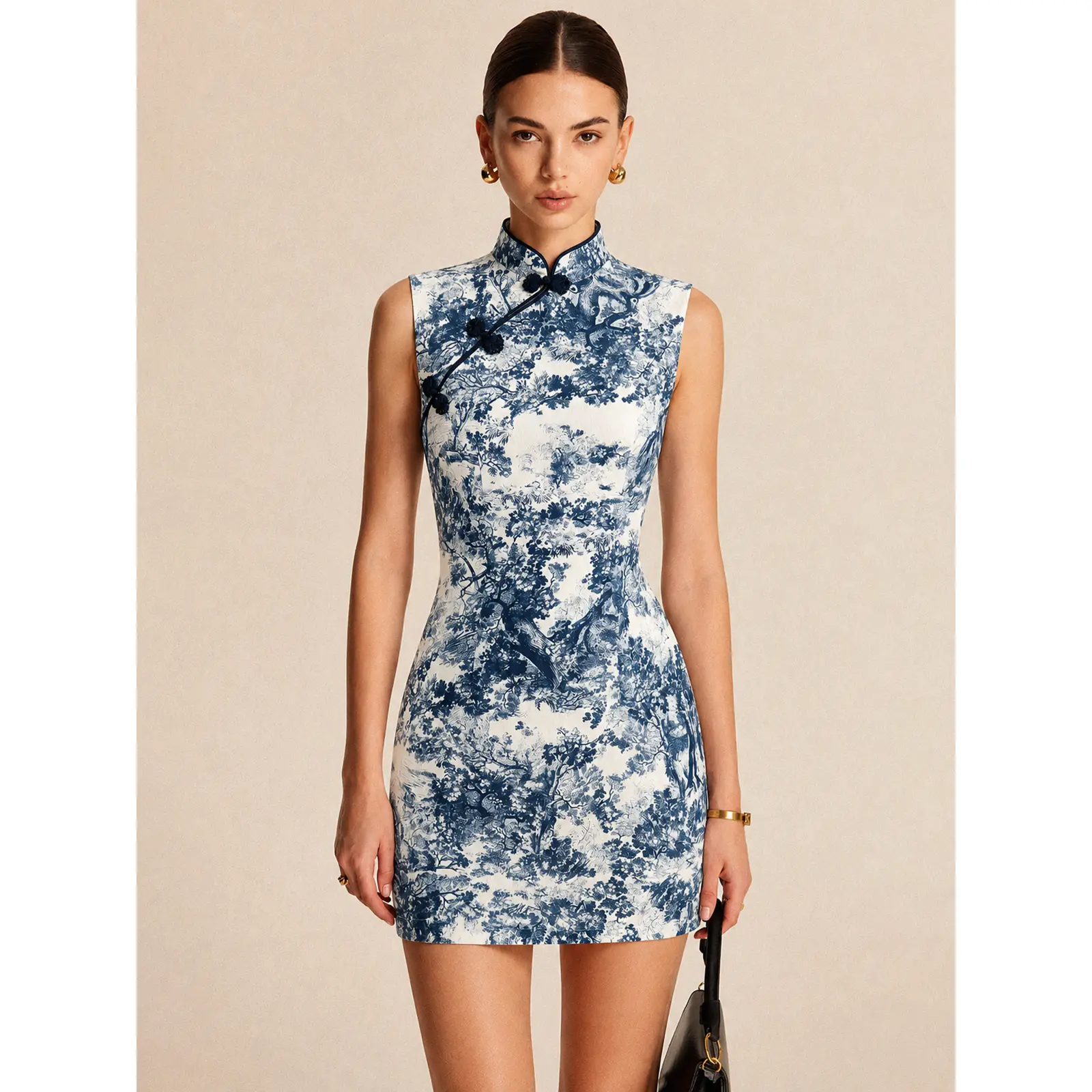 Toile Print Frog Button Sleeveless Mini Dress