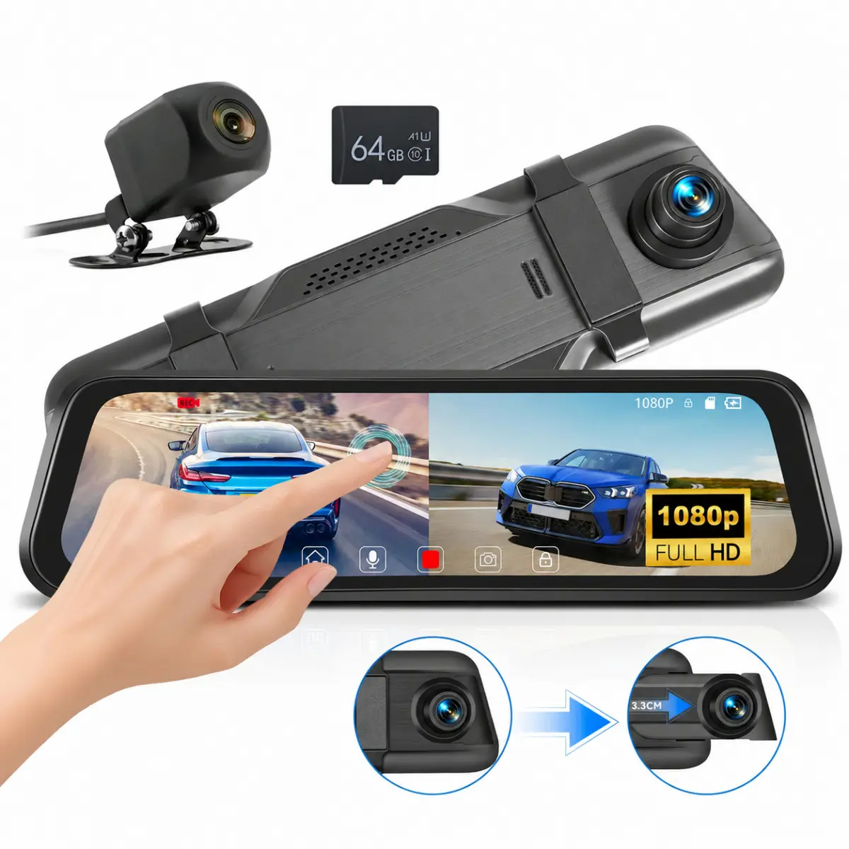 9.66-in Mirror Dash Cam Front and Rear Dual Camera for Cars, Trucks, Vans - 1080P IPS Touch Screen, 150° Wide Angle, Loop Recording, Reverse Assist, 4-LED Backup Camera, Micro SD Compatible, Car Accessories Bundle, Vehicle Accessories