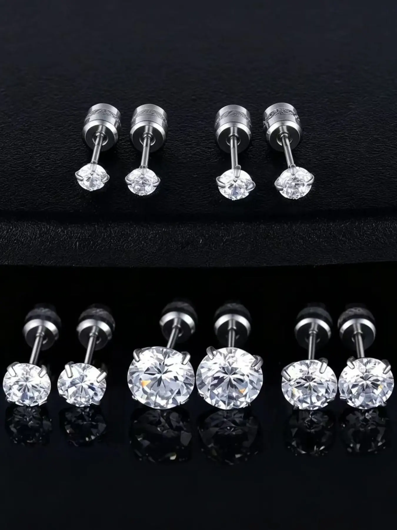 5 Pairs Titanium Screw Back Casual Earrings Set, Hypoallergenic Surgical Stainless Steel, Round Cubic Zirconia, for Men and Women, Screwback Earrings, High Quality Earrings