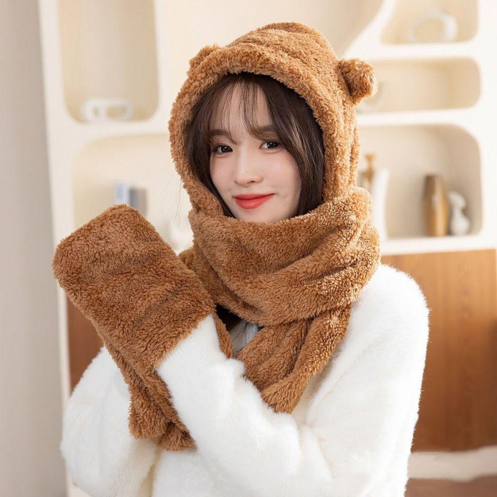 Unique 3 in 1 Bear Ear Plush Beanie Thickened Ear Protection Plush Scarf Hat Gloves Earmuffs Warm Fleece Scarves Hat Autumn