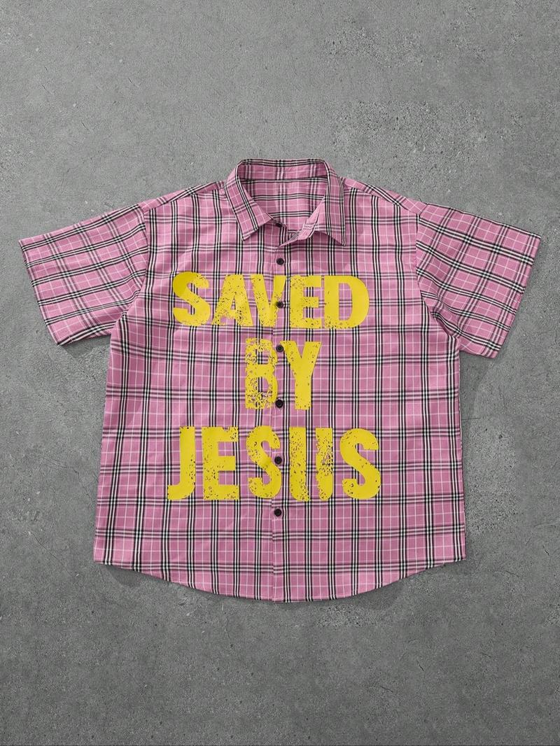 Men's Letter Print Short Sleeve Button Front Shirt, Regular Fit Casual Street Soft Comfy Collared Top for Daily Wear, Men's Clothes for All Seasons