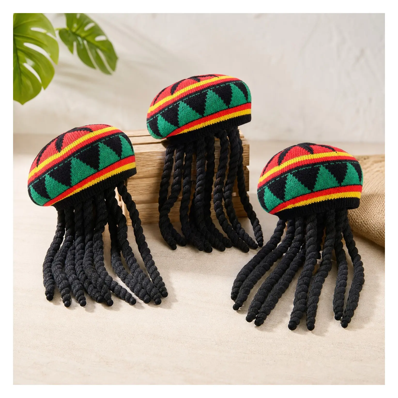 3-Pack Rasta Striped Knit Beanie with Attached Black Dreadlocks Wig, Reggae Party Festival Hat, Red Yellow Green Striped, One Size Fits MostGift