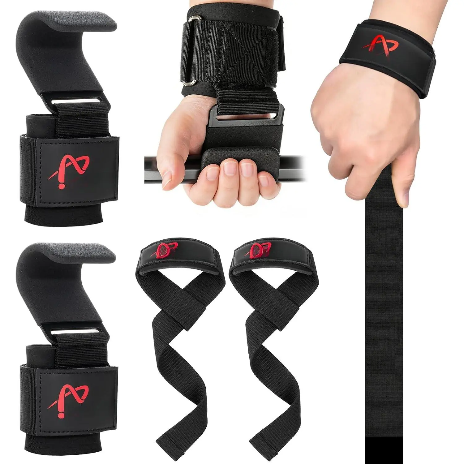 Weight Lifting Hooks & Straps Set, Lifting Hooks with Anti-Slip Grip | Adjustable Wrist Wraps for Weightlifting, Deadlifts, Powerlifting, Gym Straps for Men and Women, Black-Red