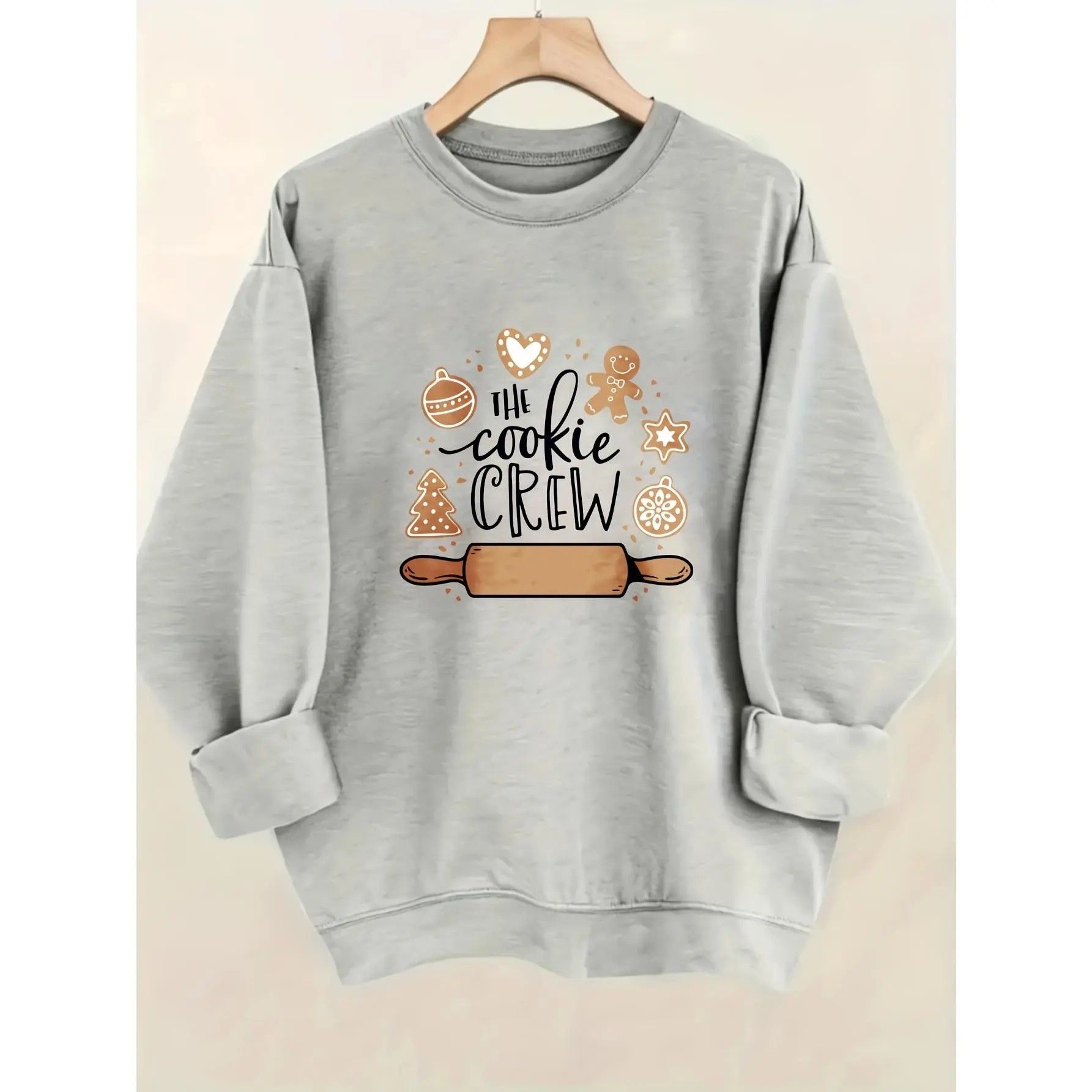 Cookie-Letter Print Casual Crewneck Sweatshirt - Casual Attire, Fall/Winter Fashion for Women
