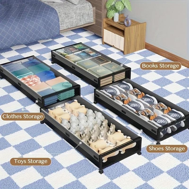 2pcs Under Bed Storage with Wheels, Underbed Storage Containers with Clear Lids - Rolling Drawers & Bins for Clothes, Shoes, Toys, Books, Blankets, Bedroom Storage Box Black And Gray, Under-Bed Storage