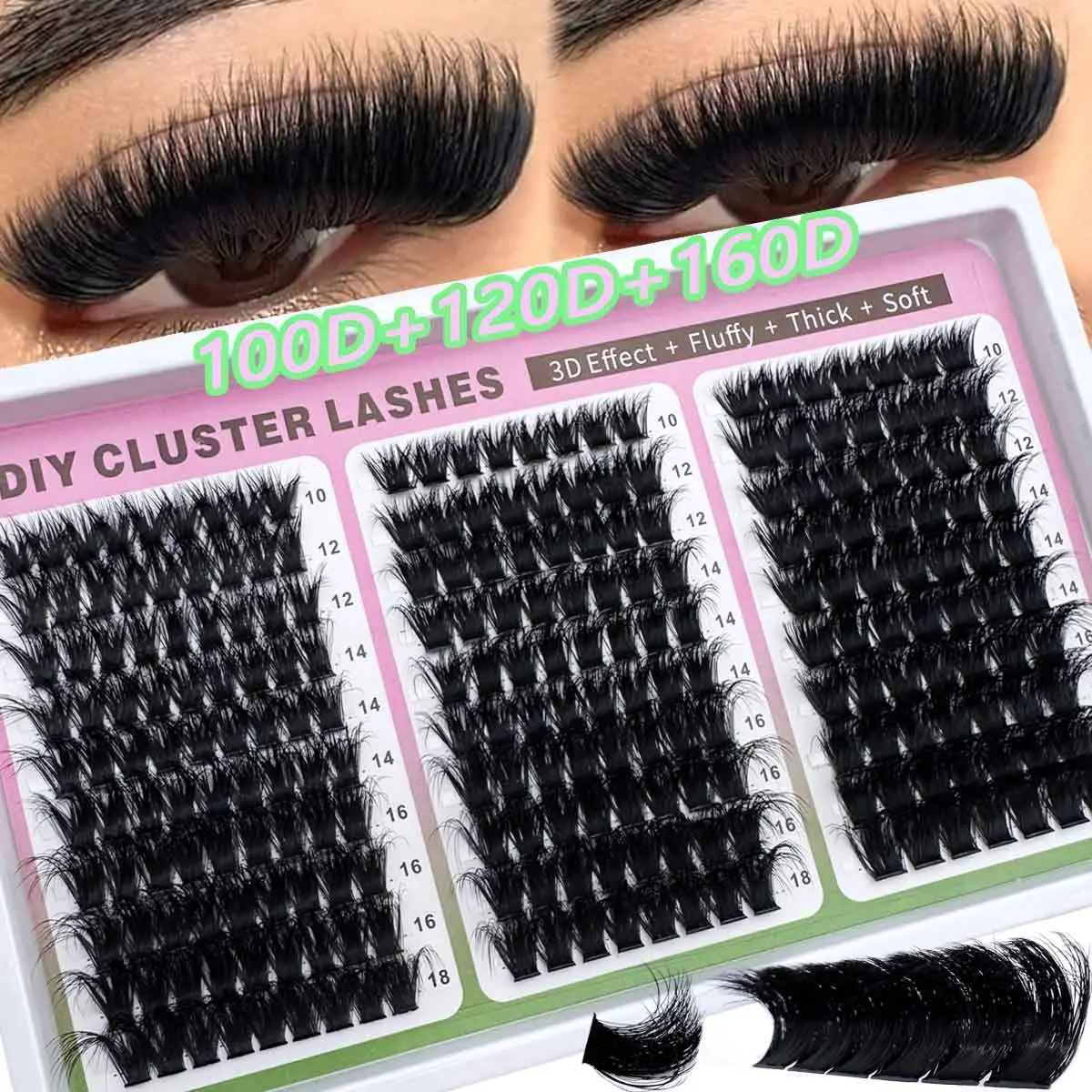 Single thick clustered extended eyelashes 160+200+300D/100+120+160D/60+80+100D velvet dense clustered false eyelashes single 10-18MM 3D curled clustered false eyelashes 190/240/290 hazy clustered false eyelashes can be reused