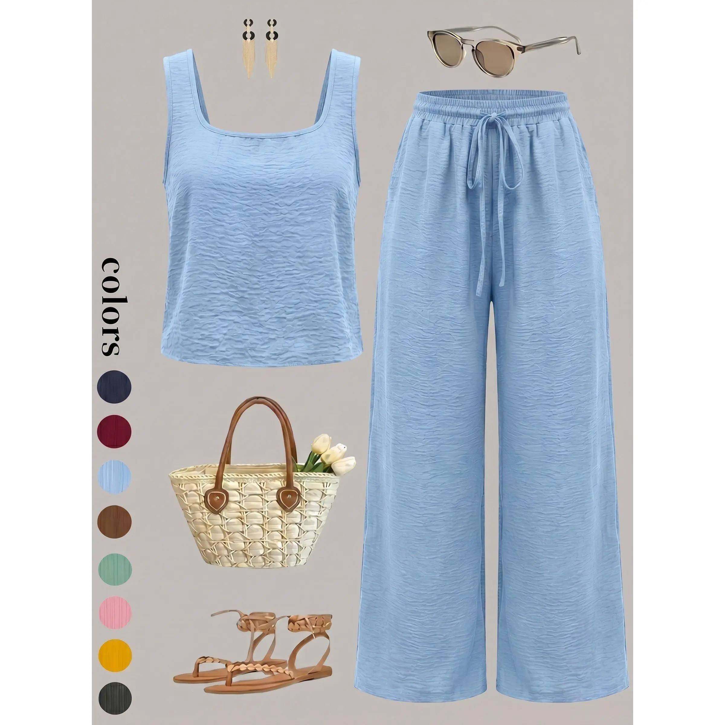 VVZ Women's 2 Piece Outfit, Casual Square Neck Tank Top & Drawstring Wide Leg Pants Set, Polyester Fabric Loose Loungewear for Vacation or Daily Wear