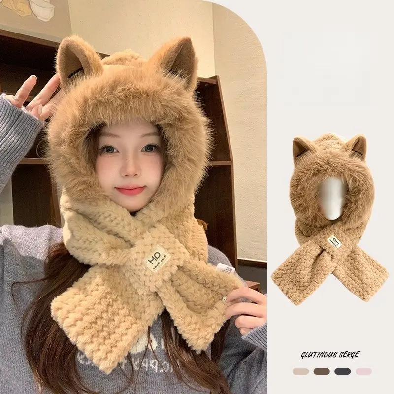 Women Cute Cat Ear Plush Hooded Scarf 2 in 1, Thick Fluffy Fleece Warm Hat Scarf Integrated with HD Label, Windproof Winter Headwear Neck Wrap for Outdoor Daily Wear, Multiple Colors Available