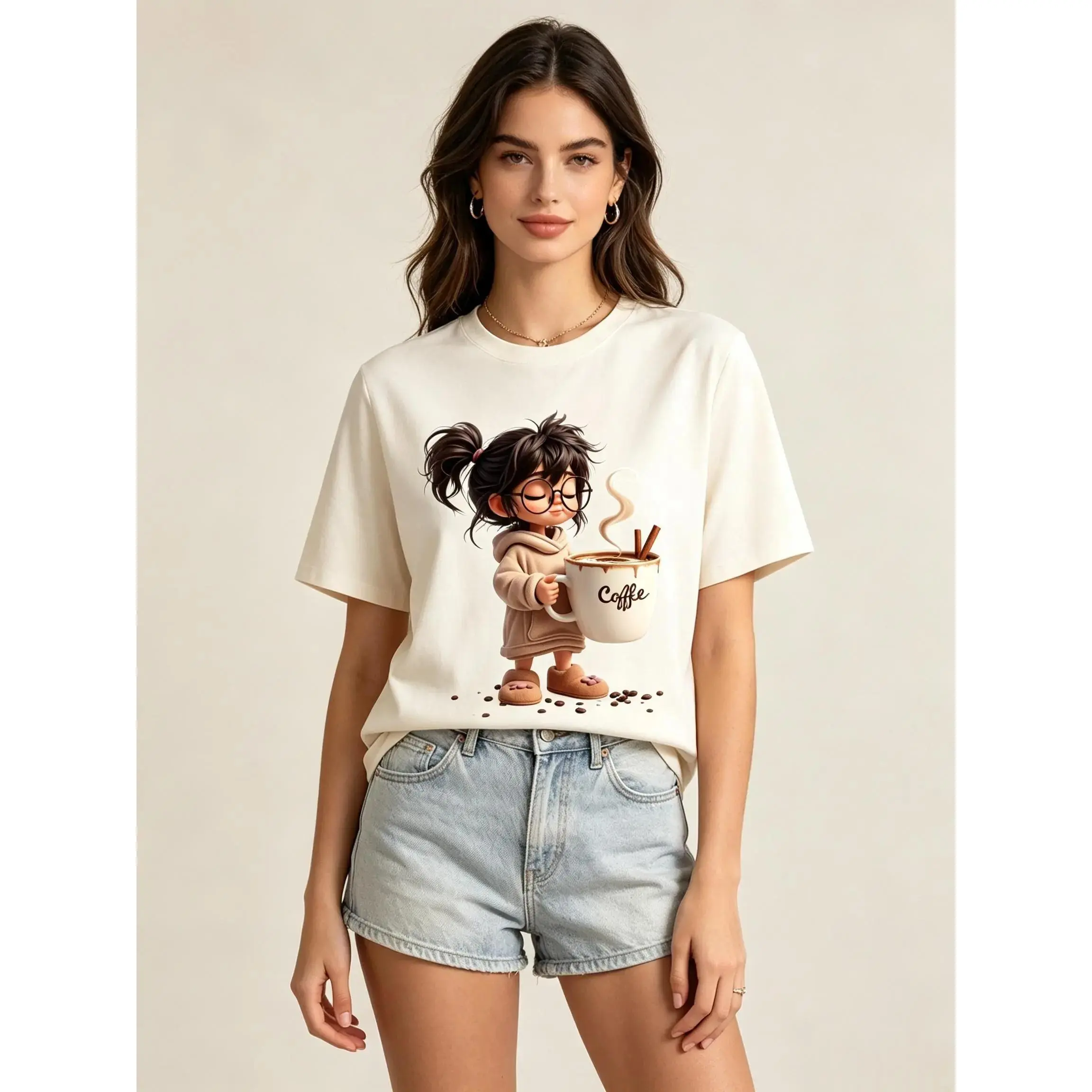 Women's 180g Soft Cotton Crewneck Plus Size Short-Sleeve Basic Solid T-Shirt - Spandex Seamless Coffee Lover Cartoon Girl Big Mug Graphic, Casual Summer Beach Outfit Heat Transfer Tee, Orange