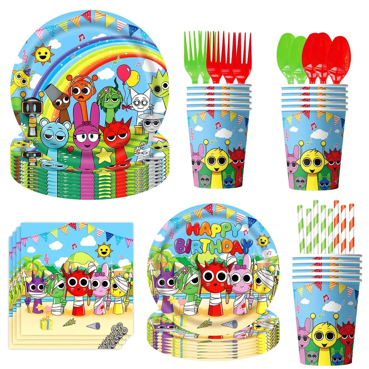 New Incredibox Sprunki Birthday Party Decoration Tableware Set Sprunki Cup Plate Tablecloth Split Sales Sprunki Party Supplies