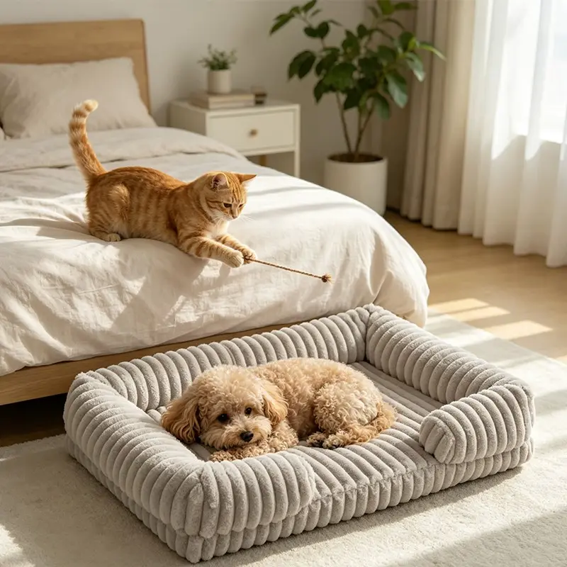 1pc Striped Fluffy Plush Dog Bed with Raised Bolster Sides, Thick Comfort Pet Sofa Bed, Minimalist Solid Color Dog Crate Mattress, Indoor Use for Bedroom Living Room, Warm Calming Sleeping Pad for Small Medium Large Pets