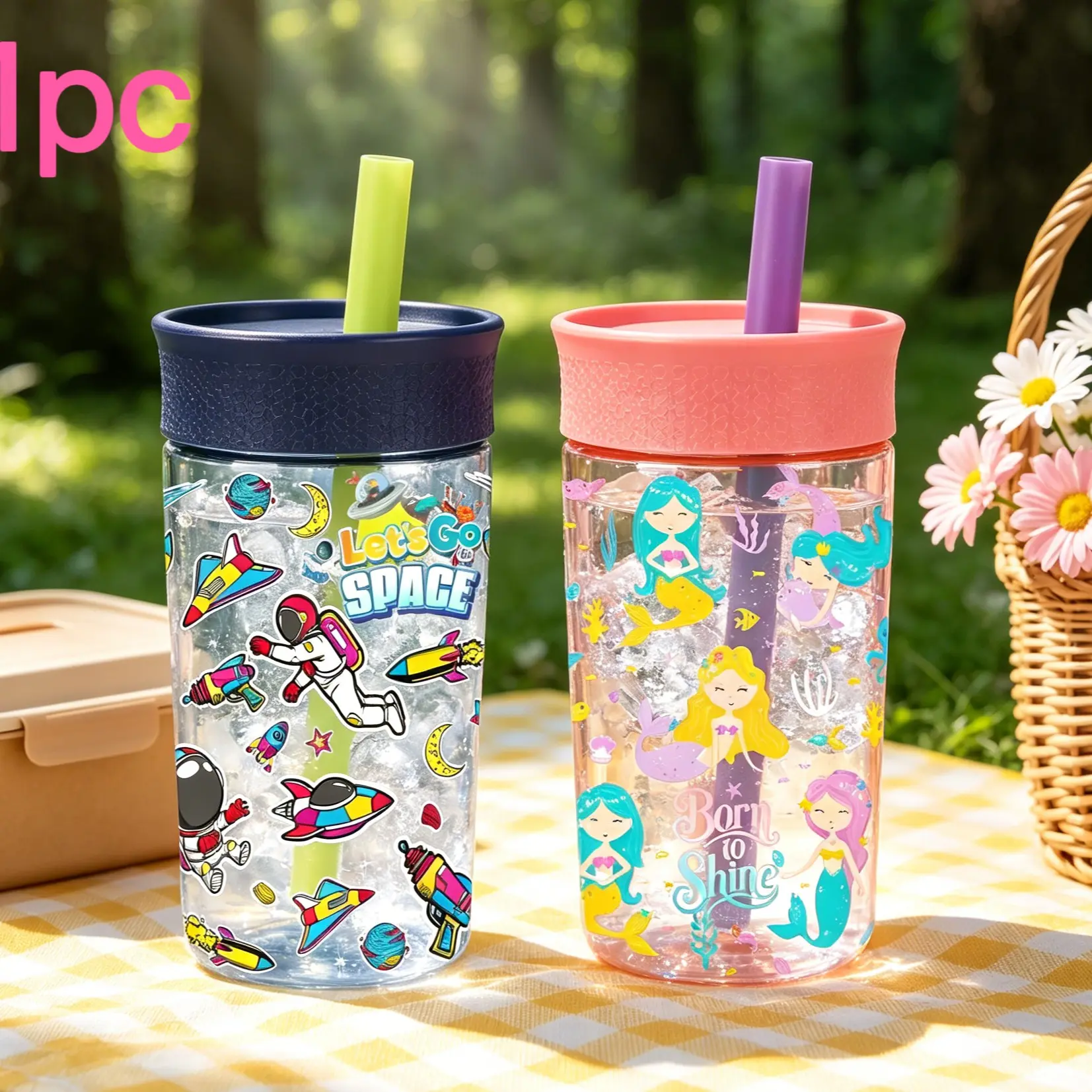 1pc 450ML Cartoon Cute Kids Lidded Straw Cup, Portable Leak-Proof, Lightweight, Ideal for Outdoor, Camping, School Use, Plastic Water Bottles