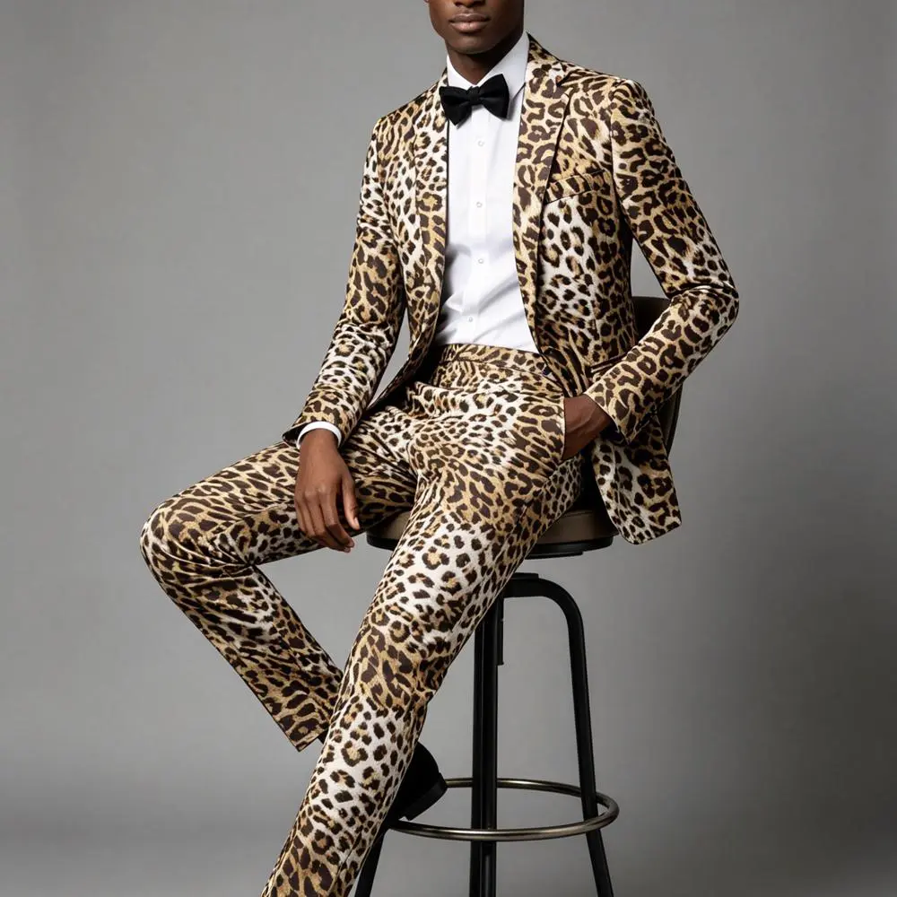 Men's 2-Piece Suit, Fitted Shiny Leopard Print Tuxedo Jacket and Pants for Party, Wedding & Stage Performance, Plus Size, Embroidered, Large Body Men's Suit Separates, Extended Size Men's Suit Separates Blazer Formal