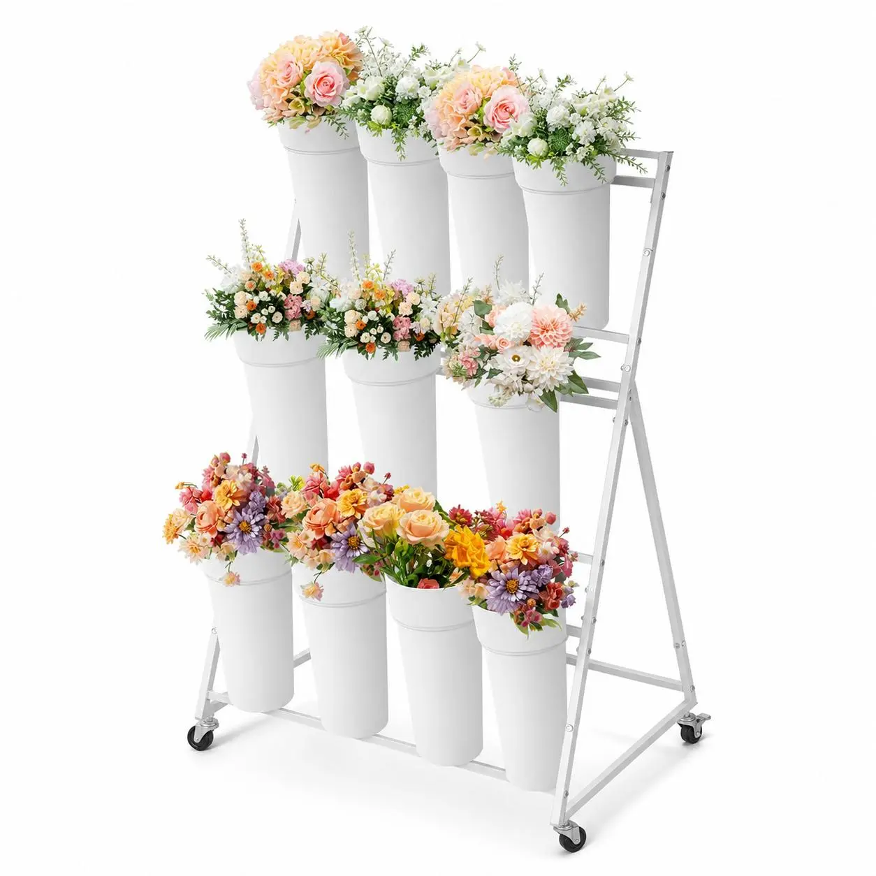 Flower Display Stand,3 Tier Flower Cart with 12 Round Buckets and Wheels, Moving Flower Cart Display Stand for Garden, Wedding, Flower Shop