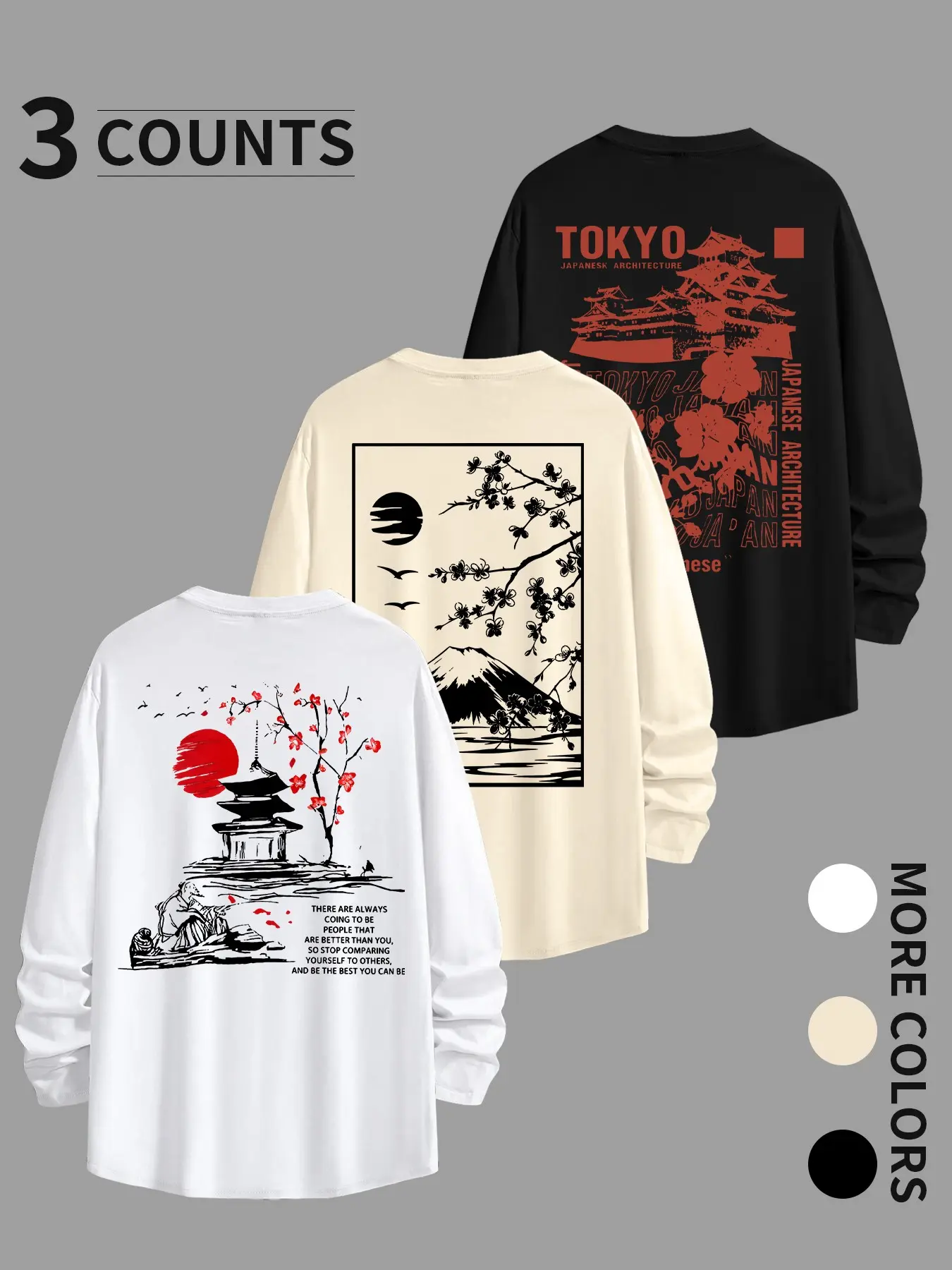 3 PCS Japanese Style Fuji Mountain Cherry Blossom Print Long Sleeve Tee, Retro Ink Landscape Loose Crew Neck Shirts 3 Pack