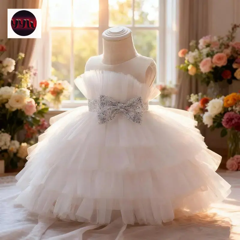 YYW1 New(New)Toddler Baby Girl Sequin Party Dresses Newbron Infant Baptism Prom Gown 1st Birthday Christmas Bow Princess Dress