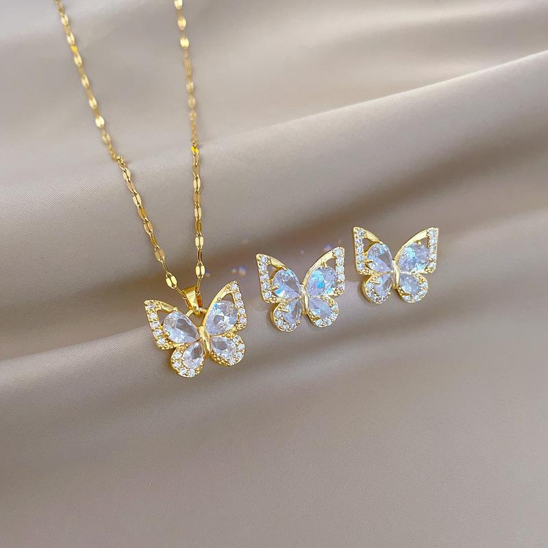 Zircon butterfly necklace earpin set, versatile, niche, light luxury, high-end and simple collarbone chain jewelry set