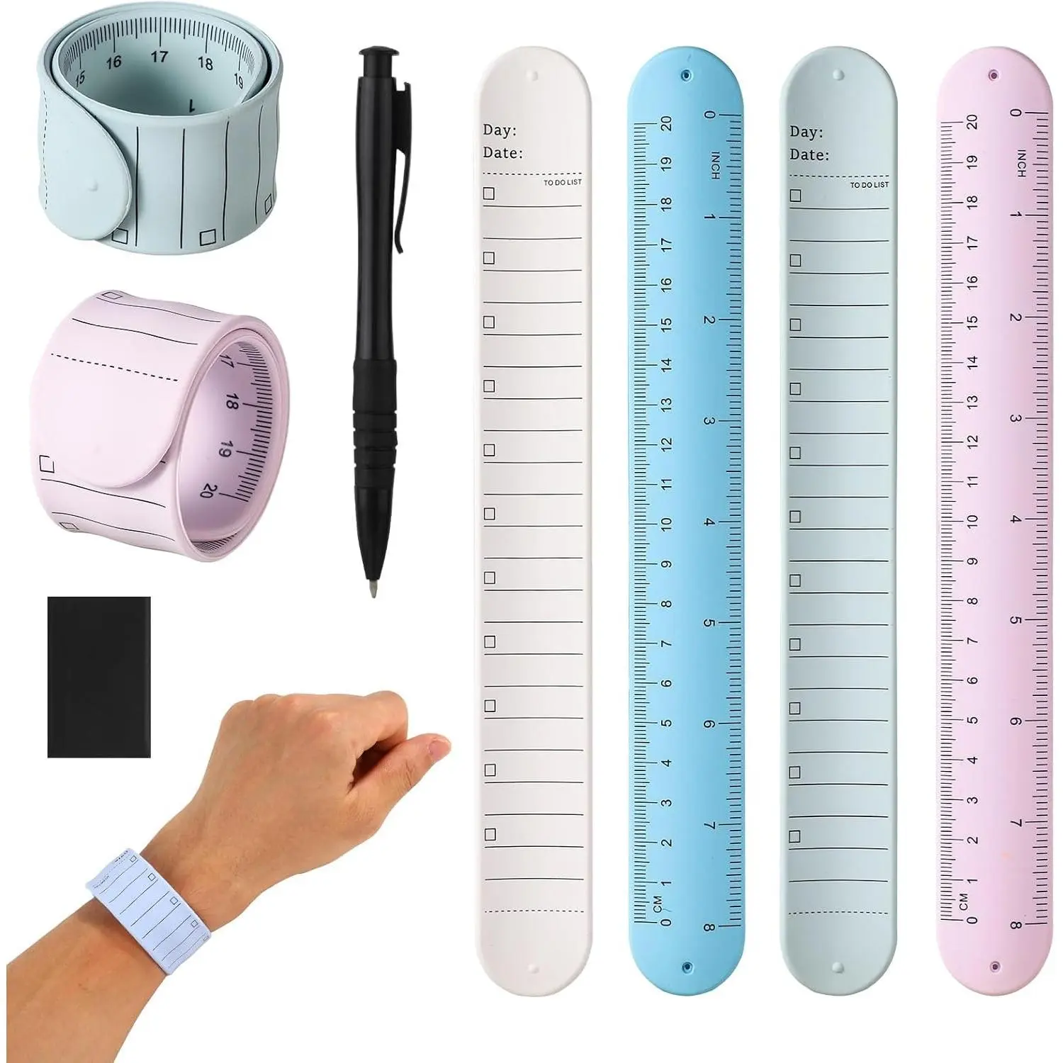 4pcs Wrist Notepad, 9.37x1.18x0.1in Silicone Reusable Notes Memo Wristband Erasable Wearable to Do List Reminder Bracelet with Pen Eraser Slap Ruler for Students Nurses Daily Study Work