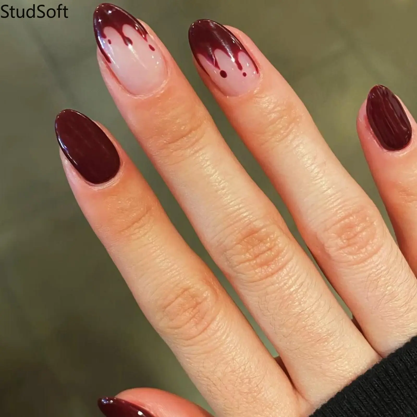 24pcs Press on Nails Medium Almond Fake Nails Burgundy Blood Drip False Nails Halloween Gothic Dark Red Acrylic Nails Art Vampire Costume for Women