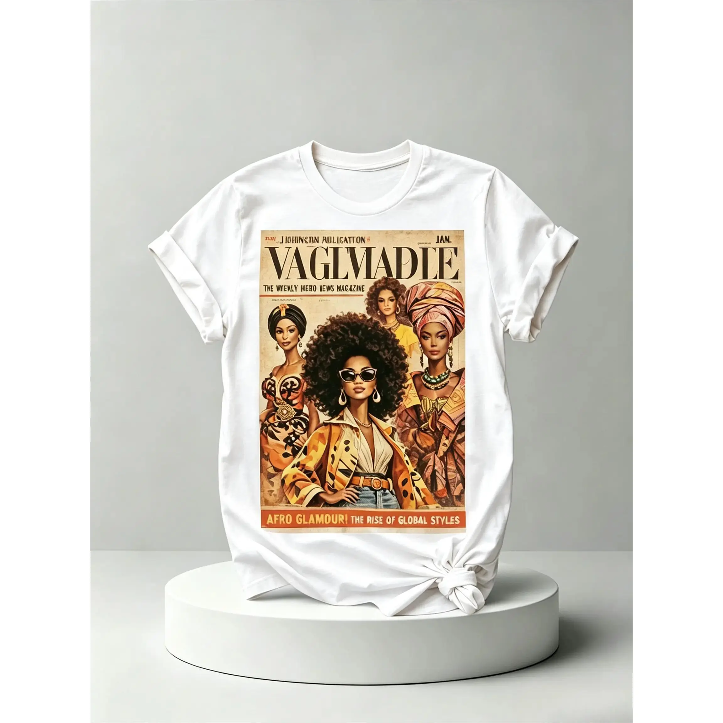 Women's Cotton T-Shirt with Afrocentric Vintage Magazine Graphic, Comfortable Short-Sleeve Round Neck Streetwear Top, Lady, Shortsleeve, Soft, 100% Cotton, All Body Types, Machine Wash, Beach, Casual, Fashion, Graphic Art, All Sizes, Machine Safe, Soft Fa