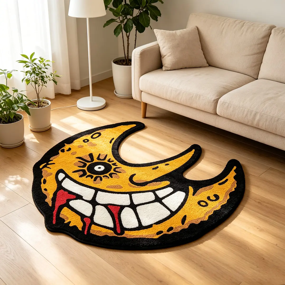 1 Piece Creepy Grinning Crescent Moon Irregular Carpet Rug, Single Eyed Bloody Fangs Halloween Design, Ultra-Soft Non-slip Machine Washable Floor Carpet Rug, Decorative Rug, Floor Rugs, Room Decoration Rug, Ideal For Bedroom & Gothic Spooky Home Decor