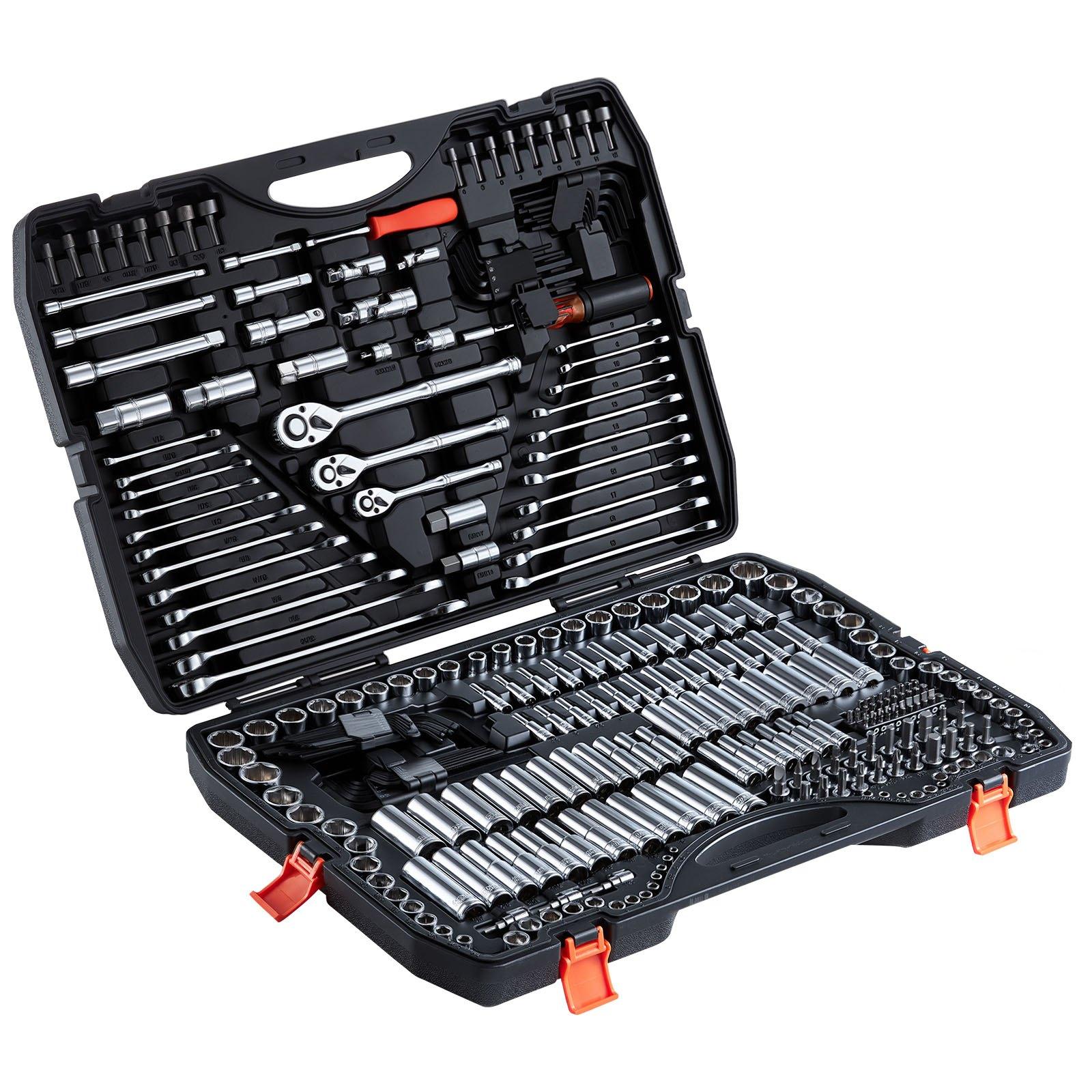 VEVOR Mechanics Tool Set, 308-Piece Mechanic Tool Kit, 1/4 in, 3/8 in, and 1/2 in Drive, SAE and Metric Socket Set, Wrenches, Screwdriver Bits, Accessories, and Storage Case, for Automotive Repair
