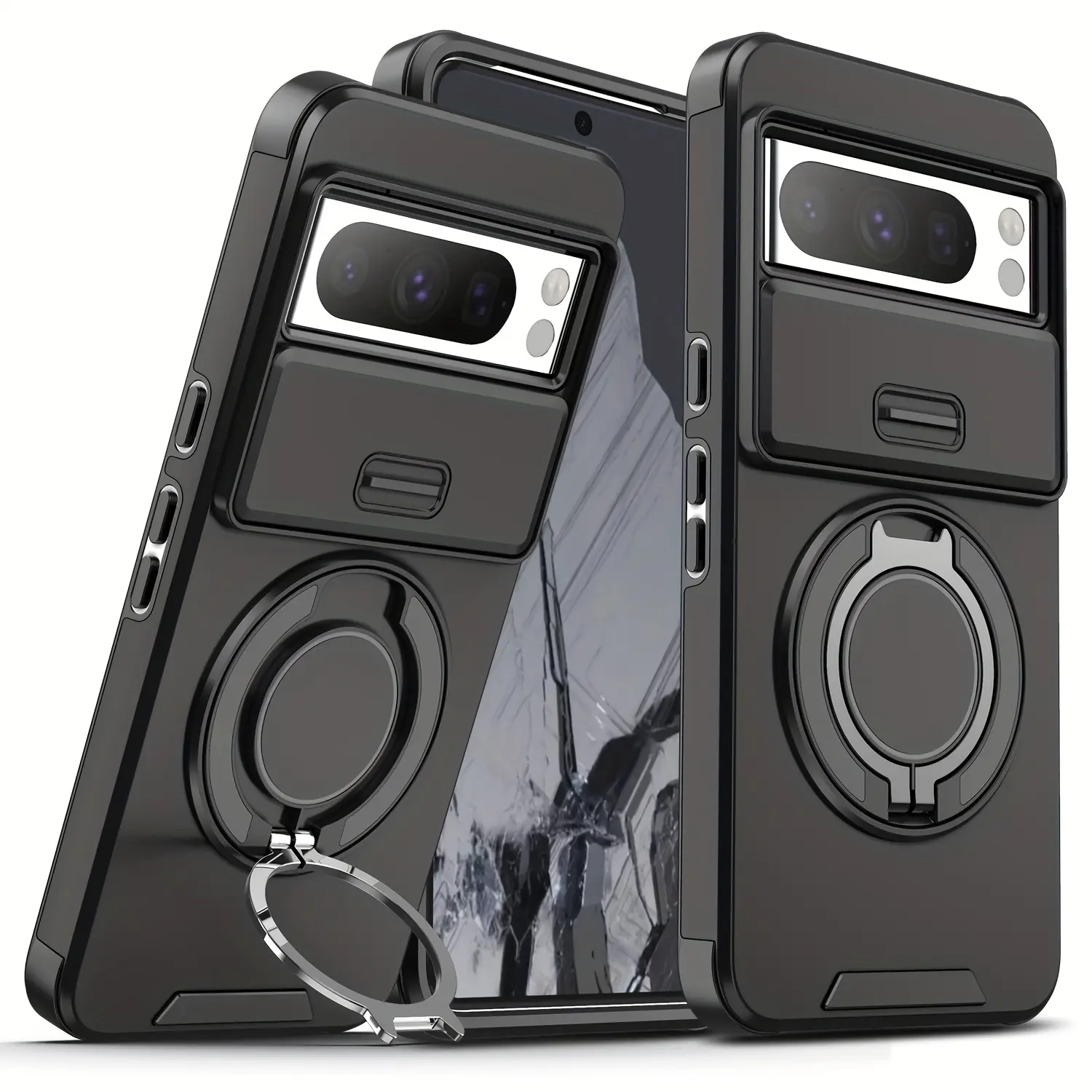 for Google Pixel 10Pro XL 9Pro XL 9Pro 9A Pixel 8Pro 8A 7 Pro 7 Shockproof 360° Rotating Metal Magnetic Ring Multi-Function Stand Protective Phone Case with Sliding Lens Cover Protection