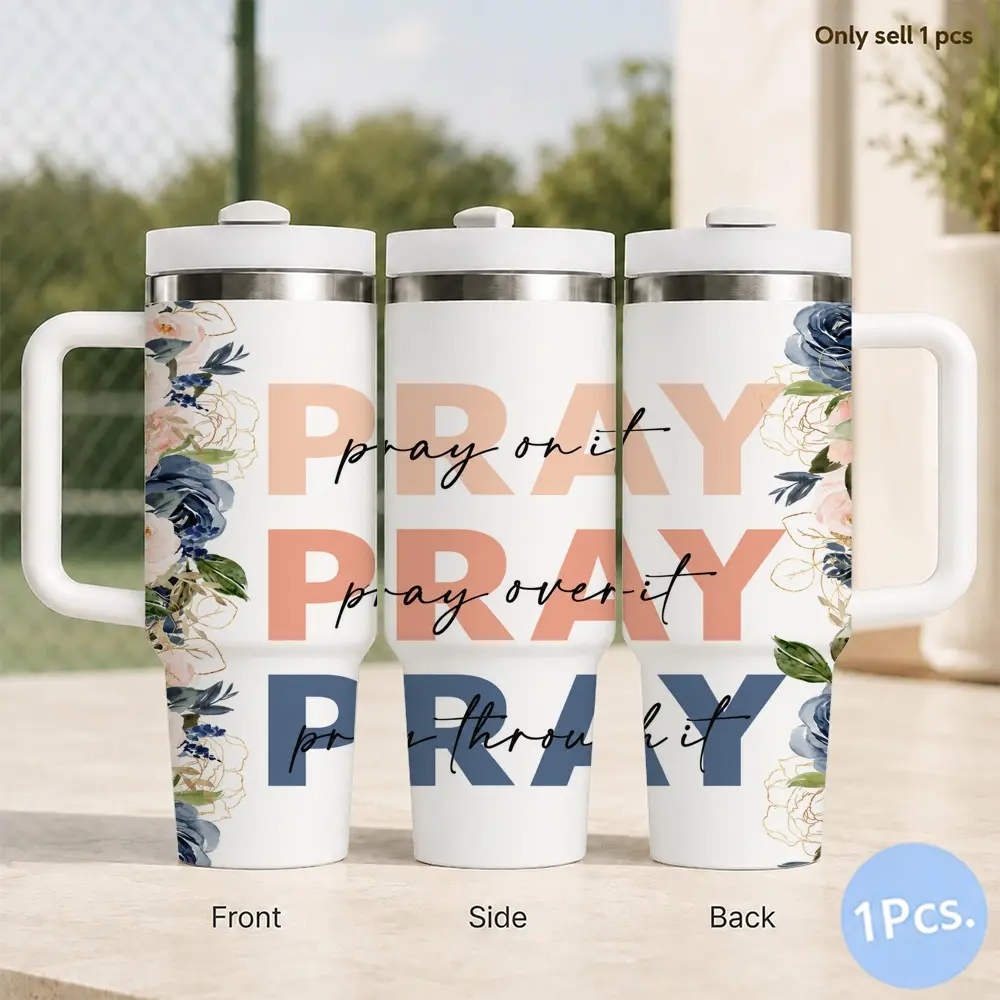 Pray Tumbler Mug Vacuum Flasks 40oz Insulated Tumbler with Handle and Straw, Stainless Steel Large Capacity Water Cup with Lid, Car Cup Holder Friendly, Reusable Tumbler Gift for Women and Friends