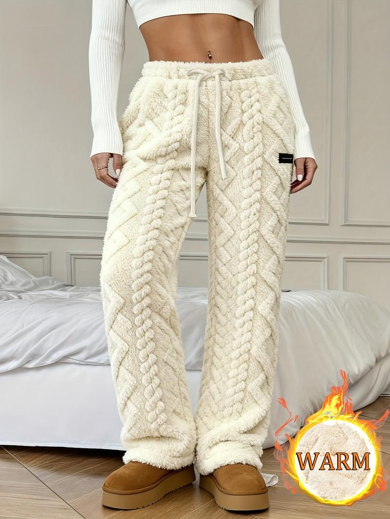 Women's Winter Lined Casual Pants - Jacquard Fabric & Drawstring Waist, Suitable for Home/Outdoor Wear Women's Winter Lined Casual Pants - Jacquard Fabric & Drawstring Waist, Suitable for Home/Outdoor Wear