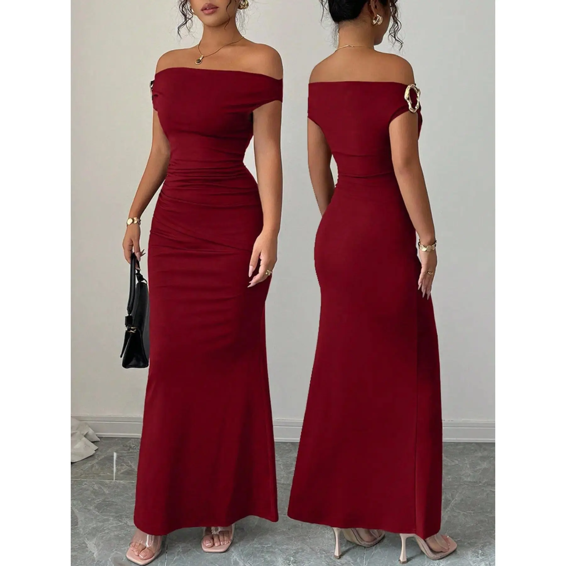 Elegant Formal Maxi Gown for Women, Off Shoulder Sleeveless Floor-Length Long Dress, Classic Evening Outfit Suitable for Wedding Banquet, Prom Night, Cocktail Events and All Season Formal Occasions